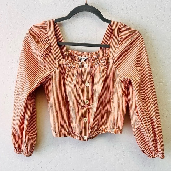 Madewell Puff-Sleeve Button-Front Crop Top in Embroidered Stripe XXS - Picture 4 of 13